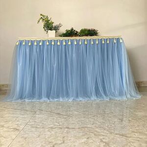 JTZYM 9FT *77CM Mesh Fluffy Tutu Tulle Table Skirt Chiffon Table Skirt With Tassel Wedding For Baby Shower Party Ruffle Pleated Table Skirt