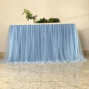 JTZYM 300 * 77CM Mesh Fluffy Tutu Tulle Table Skirt Chiffon Table Skirt With Tassel Wedding For Baby Shower Party Ruffle Pleated Table Skirt