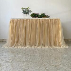 EILJSF 300 * 77CM Mesh Fluffy Tutu Tulle Table Skirt Chiffon Table Skirt With Tassel Wedding For Baby Shower Party Ruffle Pleated Table Skirt