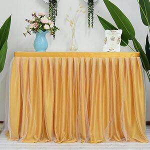 EILJSF 10FT*77CM Satin 2 Layer Mesh Fluffy Tutu Tulle Table Skirt Chiffon Table Skirt Wedding For Baby Shower Party Ruffle Pleated Table Skirt