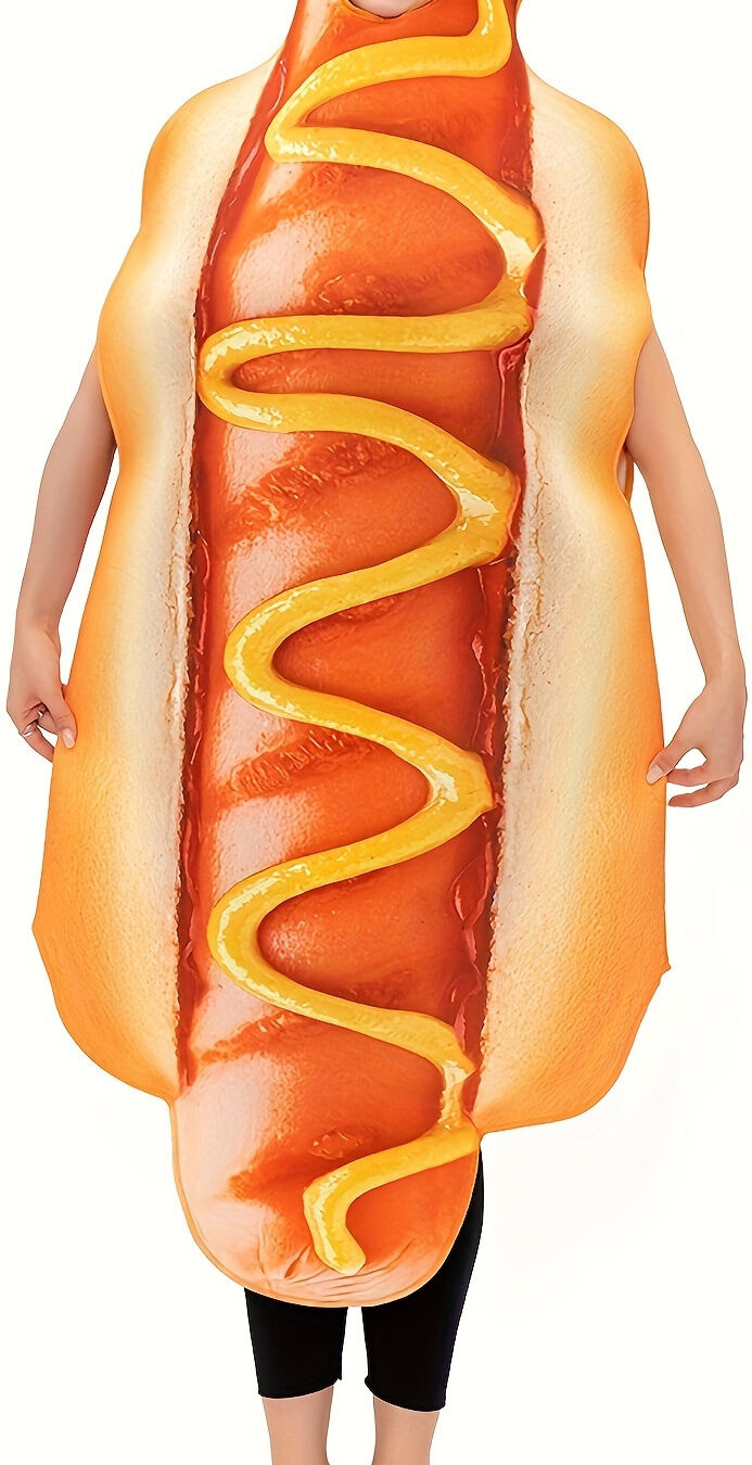 Temu One-piece Hot Dog Costume, Funny Food-themed Party Dress, Novelty Outfit For Halloween And Festive Occasions, Women's Clothing Golden one-size