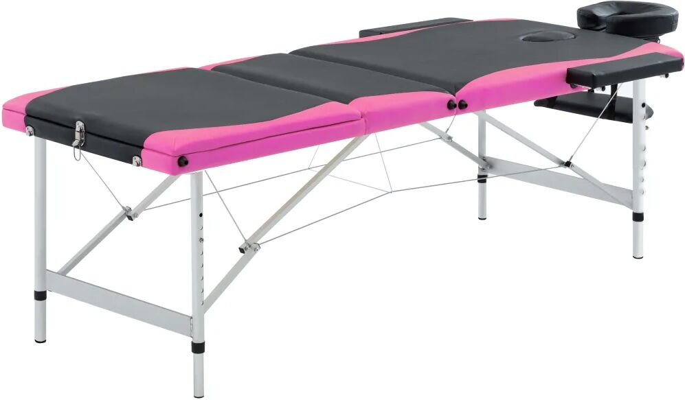 vidaXL Mesa de massagem dobrável 3 zonas alumínio preto e rosa