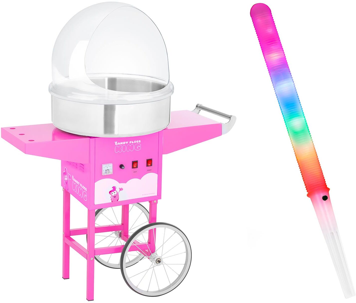 Royal Catering Candy Floss Machine Set with LED Cotton Candy Sticks - sneeze guard - cart - 52 cm - 1,200 watts - pink RCZC-1200-P SET2