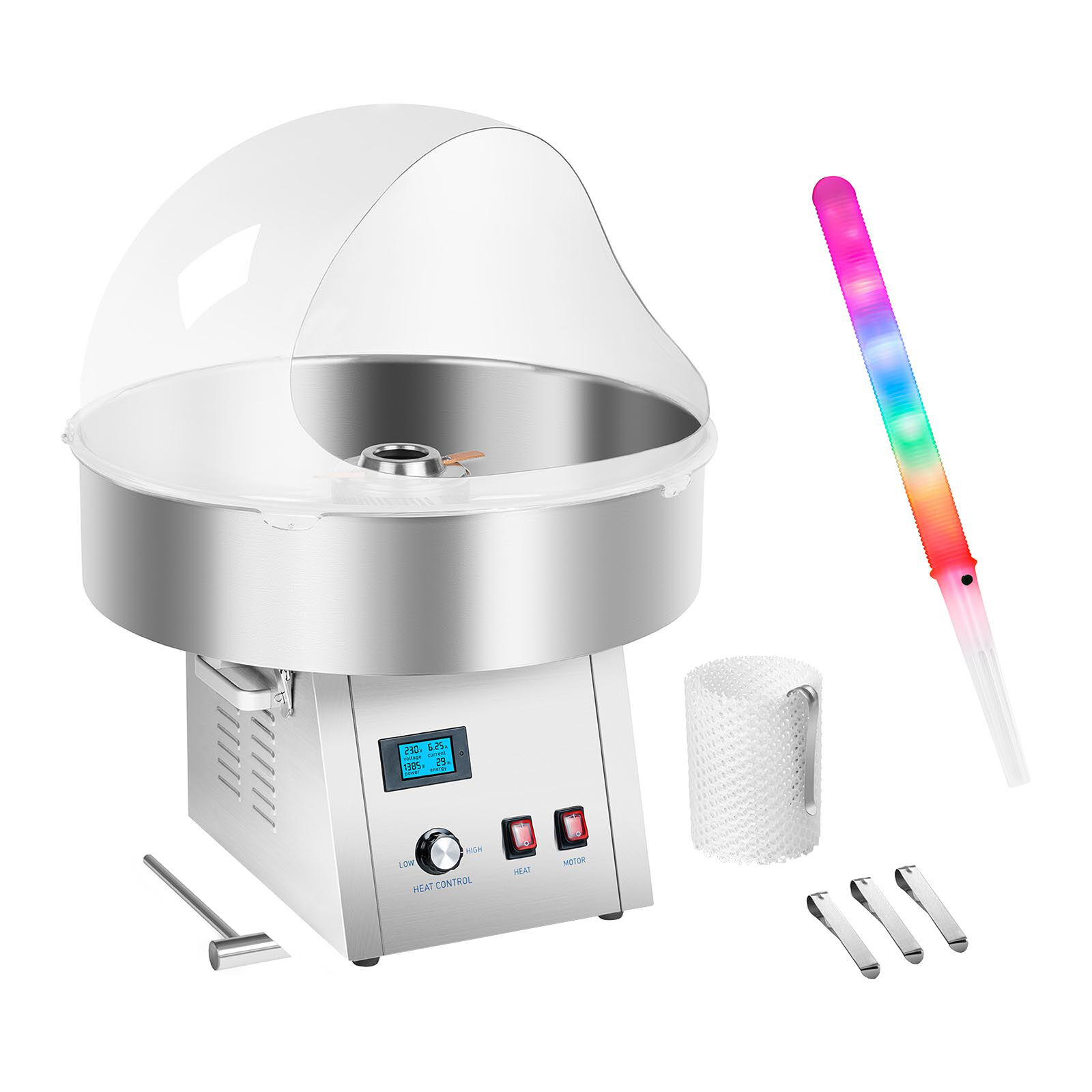 Royal Catering Candy Floss Machine Set with LED Cotton Candy Sticks - sneeze guard - stabiliser net - 62 cm - 1,500 W RCZK-1500S-W SET2