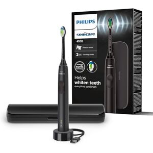 Philips Sonicare 4100 – elektrische  Sonicare Zahnbürste für Erwachsene mit 1 x  W2 Optimal White Bürstenkopf in Schwarz, schlankem Reiseetui und USB-Ladegerät (Modell HX3683/54)