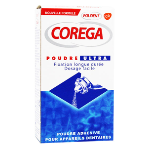 Polident Corega Poudre Ultra Poudre Adhésive Pour Prothèses Dentaires 40g - Publicité