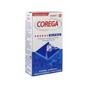 Polident Corega Poudre Adhésive Ultra Pour Prothèses Partielles et Complètes 40 gr - Flacon 40 g - Publicité