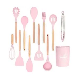 Intirilife 12-teiliges Küchenutensilien Set Silikon in Rosa - 12.5 x 32.5 cm - Kochbesteck mit Zange Schneebesen Pfannenwender Pinsel Schöpfkelle