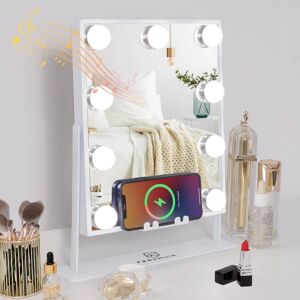 FENCHILIN FENCHILIIN Hollywood Makeup Spejl med lys Bluetooth trådløs opladning bordplade hvid 25 x 30 cm