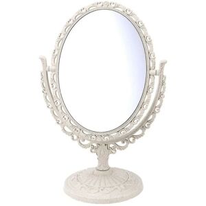 Oval kosmetisk spejl vintage bordplade forfængelighed 360 graders rotation forstørrelse dobbeltsidet spejl (beige)