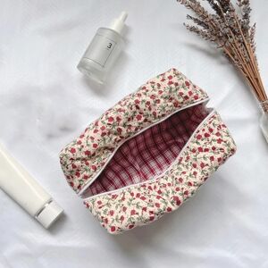 Blomster Puffy Quiltet Makeup Taske Stor Rejse Kosmetik Taske RØD RED