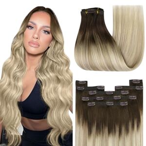 YoungSee Extension Cheveux Naturel Clip Extension a Clip Cheveux Nature Extension Clip Vrai Cheveux Extension a Clip Cheveux Humain Brun Fonce Ombre Blond 7pcs 50 Cm - Publicité