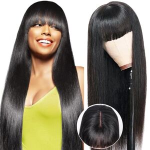 Beluck Straight Glueless Human Hair Wig With Bangs, 2x4 Lace Front Wigs Human Hair For Balck Women 180% Density,Wear And Go Glueless Wig Human Hair With Fringe, Black Virgin Brazilian Real Human Hair 16 Inch