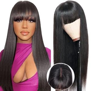 Beluck 32 Inch Straight Human Hair Wig With Bangs, 2x4 Lace Front Wigs Human Hair For Balck Women 180% Density, Wear And Go Glueless Wig Human Hair With Fringe, Black Virgin Brazilian Real Human Hair