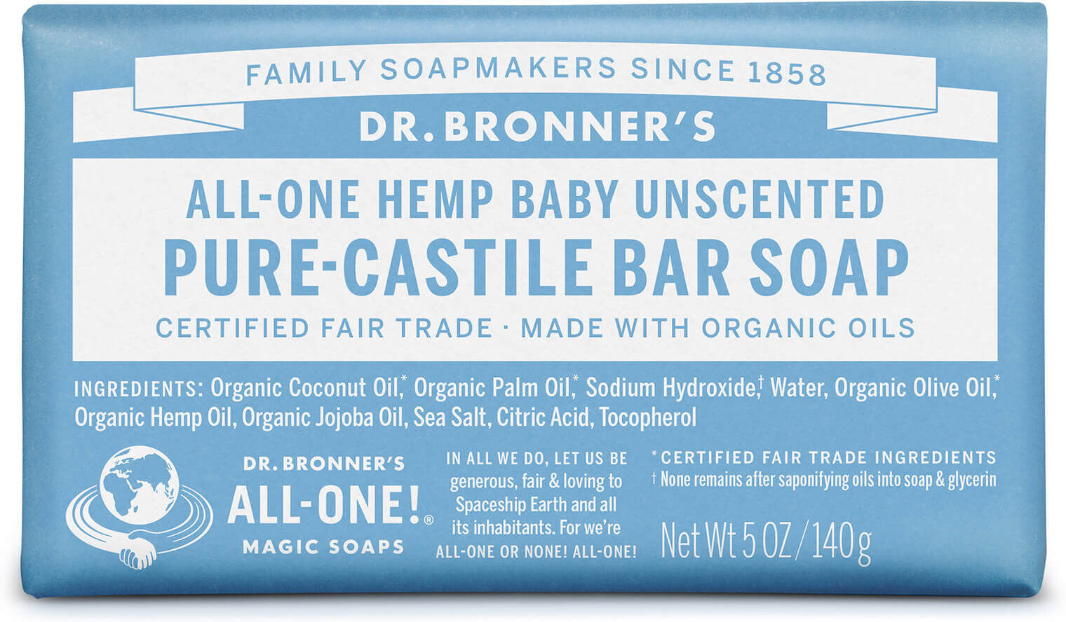 Dr. Bronner's Dr Bronner's Pure Castile Bar Soap Baby Unscented 140g