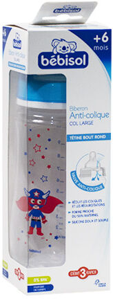 Bébisol Biberon Anti Colique Silicone Col Large +6m Super Héros 300ml