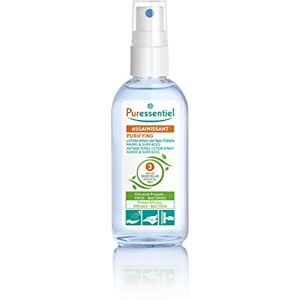 Puressentiel Assainissant Lotion Spray aux 3 Huiles Essentielles Elimine 99,9% des bactéries et des virus Mains et Surfaces -Odeur Citronnée- Fabrication Française 80 ml - Publicité