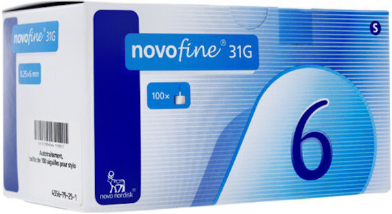 Novo Nordisk Aiguille Novofine 31g (0,25mm) / 6mm pour Stylo Injecteur et Système d'Injection Innolet / Innovo 100 unités