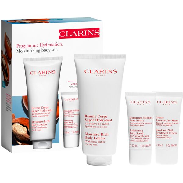 clarins baume corps super hydratant rich - pelle secca confezione 200 ml balsamo corpo + 30 ml esfoliante corpo + 30 ml crema mani