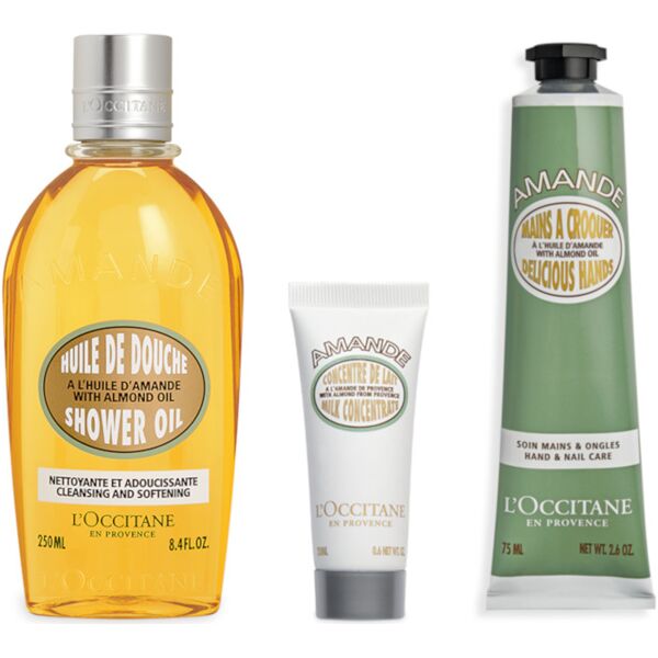 l'occitane en provence almond - body care collection 250 olio doccia corpo + 20 ml latte corpo + 75 ml crema mani