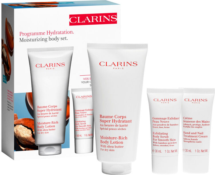 Clarins Baume Corps Super Hydratant Rich - Pelle Secca Confezione 200 ML Balsamo Corpo + 30 ML Esfoliante Corpo + 30 ML Crema Mani