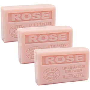 Label Provence Savon de Marseille - French Soap Made With Fresh Organic Donkey Milk - Rose Fragrance - 125 Gram Bar - Set of 3