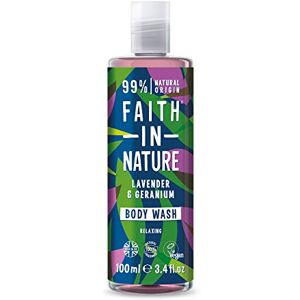 Faith In Nature 100ml Travel Size Lavender and Geranium Body Wash, Nourishing, Vegan and Cruelty Free, No SLS or Parabens, For Normal to Dry Hair