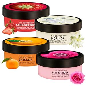 Body Butter Skin Care Set - Pack of 4 x 50ml Strawberry, Moringa, Satsuma & British Rose Body Moisturiser. Body Butter for Women with Topline Card. Great Birthday Gifts for Her, Mum Gifts