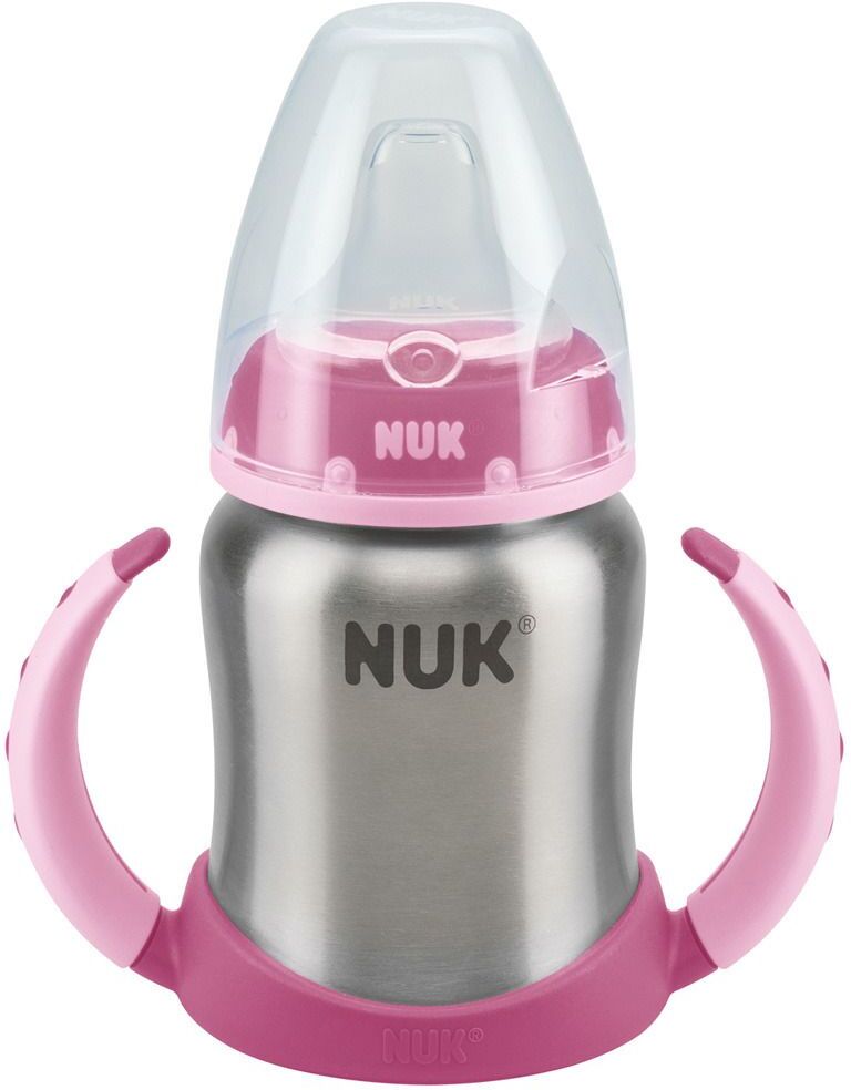 NUK First Choice Plus Learner Cup Edelstahl Trinklernflasche rosa 125ml mit Griffen & Silikon Trinktülle, 6-18 Monate