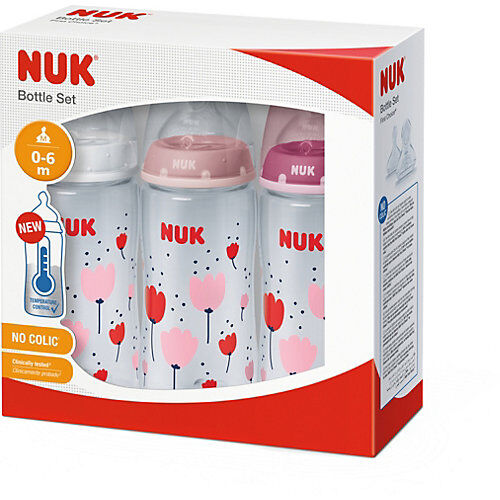 NUK First Choice Plus Flaschen-Set Girl mit Temperature Control Anzeige, 3 Babyflaschen 300ml, Silikon-Trinksauger, 0-6 M rosa