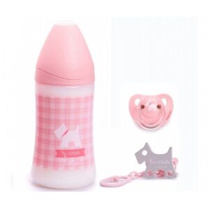 SUAVINEX BIBERÓN ESCOCÉS 270ML + CHUPETE + CLIP 0-6M ROSA