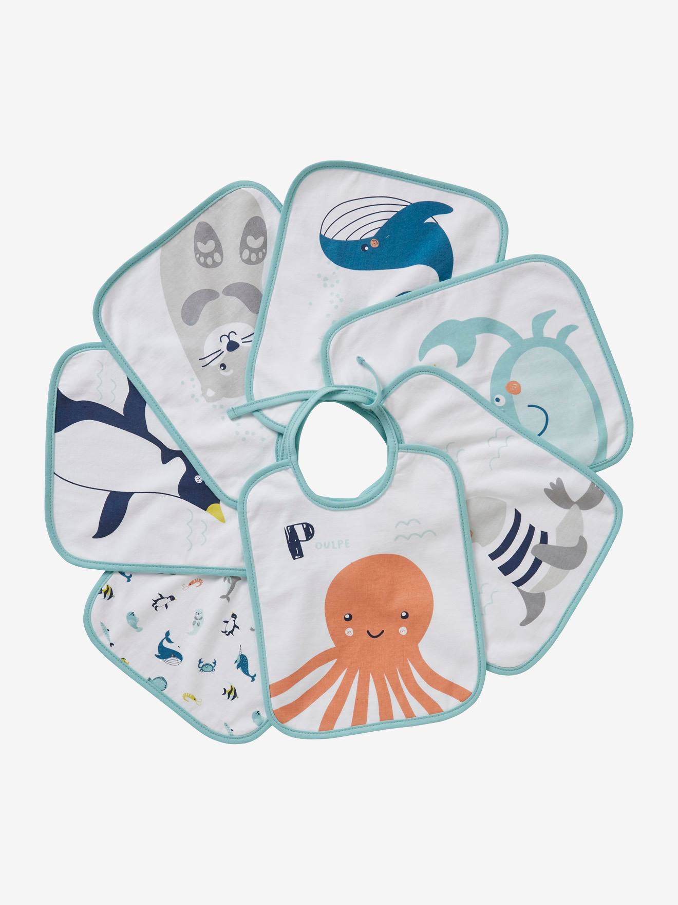 Pack de 7 baberos para bebé VERTBAUDET con animales marinos blanco claro liso con motivos