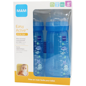 MAM Easy Active Biberon Débit X +6m Bleu Animaux de la Mer Lot de 2 x 330ml - Publicité