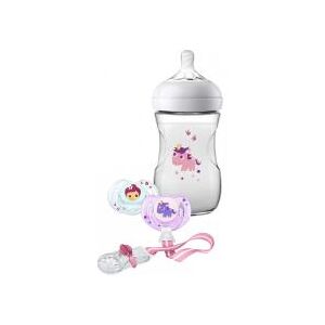 Avent Natural Coffret Cadeau 1 Mois et + - Coffret 1 biberon à col large 260 ml + 2 sucettes + 1 attache-sucette