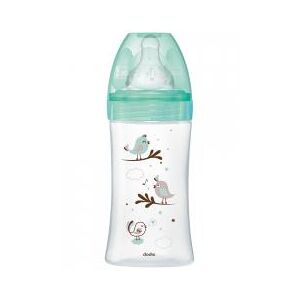 Dodie Biberon Anti-Colique Initiation+ Verre - 270 ml - Vert Oiseaux - Tetine Ronde 3 Vitesses Debit 2 - Boîte 1 biberon de 270 ml