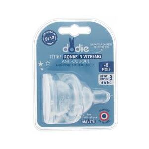 Dodie Tétine Initiation+ Ronde 3 Vitesses - Col Large - +6 Mois - Silicone Débit 3 - Rapide - Lot de 2 - Blister 2 tétines