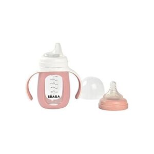 Beaba , Biberon verre d'apprentissage 2 en 1 210 ml + housse silicone - old pink - Publicité