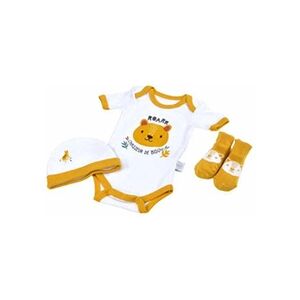 Bebe Douceur Lot body + bonnet + chaussettes à motif léopard 100% coton pour bébés - Naissance - Blanc et jaune - Gamme Savane - Publicité