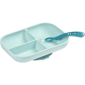 BEABA Assiette enfant et cuillere 2e age bleu, silicone