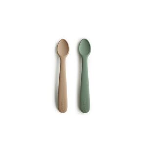 Mushie Lot de 2 cuillères bébé silicone Vert / Natural - Couverts bébé