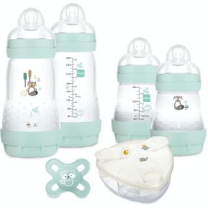 MAM Mon Coffret Naissance Nature, 4 biberons à tétine Easy Start Anti-Colique+1 sucette naissance+1 boite doseuse lait, kit bébé, ultra douce, couleur aqua - Publicité