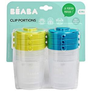 Béaba , Lot de 6 Portions Conservation, Clip, Pots empilables et clipsables, 100% hermétique, Graduation, Congélation, 2ème âge, 200 ml, Bleu/Néon - Publicité