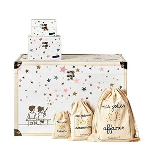 Le Petit Pousse Coffre à souvenirs 52x35x35 cm avec 2 coffrets assortis et 3 pochons pour cadeau bébé et enfant (Etoiles rose/vert/camel) - Publicité