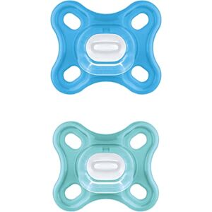 MAM Comfort Lot de 2 tétines 0-2 mois – Ensemble de sucettes pour les prématurés et les nouveau-nés – Tétines 100% silicone  SkinSoft avec boîte à sucette – Bleu/turquoise - Publicité