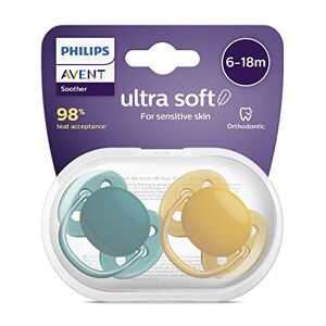 Philips Avent Lot de 2 sucettes ultra-douces sans BPA pour les bébés âgés de 6 à 18 mois, Vert foncé/Jaune (modèle SCF091/04) - Publicité
