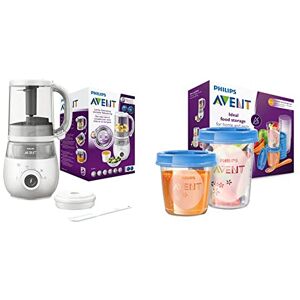 Philips SCF883/01 Robot Cuiseur-Mixeur 4-en-1 pour Bébé + Livret de Recettes + Bol de Rangement 120 ml & Avent SCF721/20 Pots de conservation 180 ml et 240 ml avec Couvercles associés - Publicité