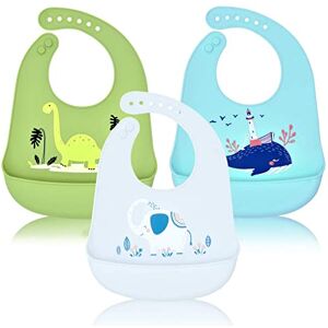 FILOWA 3 PCS Bébé Bavoir Silicone Souple Bavette Silicone Vert Bavoir Plastique Recuperateur Ajustable Bavoir Silicone Enfant Grande Poche Léger Imperméable Animal Éléphant Dinosaure Gris Noël Cadeau - Publicité