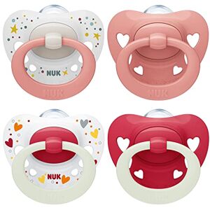 Nuk Signature Day & Night Tetine pour bébé   0-6 mois   Apaise 95 % des bébés   Sucettes en silicone sans BPA, en forme de cœur   Brille dans le noir   Cœurs   Lot de 4 - Publicité