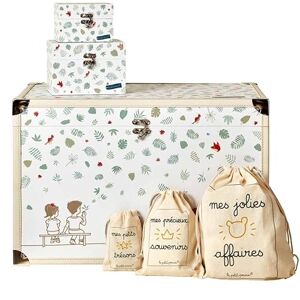 Le Petit Pousse Coffre à souvenirs 52x35x35 cm avec 2 coffrets assortis et 3 pochons pour cadeau bébé et enfant (Forêt et renards vert/rouille) - Publicité