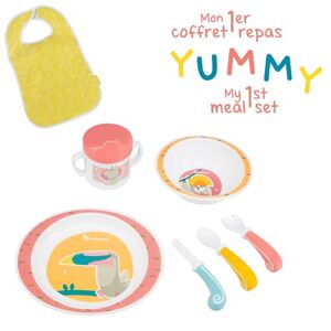 Badabulle Coffret Repas Yummy Corail - Set Vaisselle 7 pièces & Bavoir Bébé Inclus Corail - Publicité